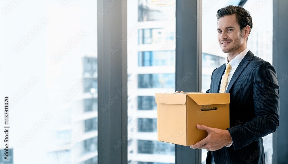 New Beginnings: Confident businessman starting a new job, holding a box of personal belongings near a panoramic office window. New Beginnings: Confident businessman starting a new job, holding a box of personal belongings near a panoramic office window.