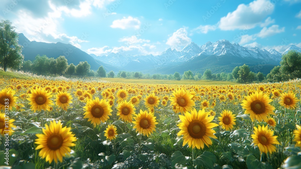Fototapeta premium Sunflowers Blooming in a Mountain Valley