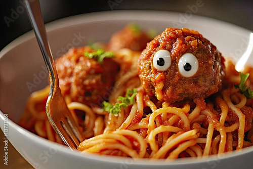 A bowl of spaghetti with meatballs as eyes, twirling a fork like a baton photo