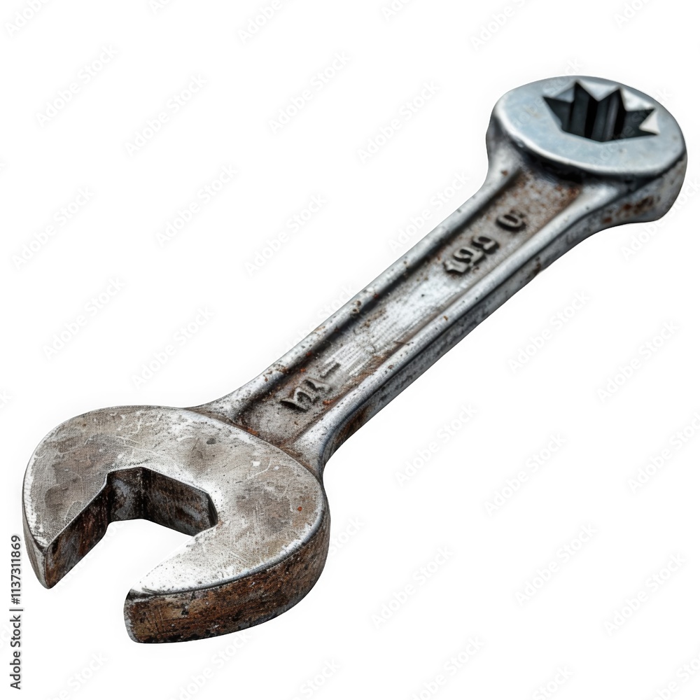 A metal wrench used for tightening or loosening nuts and bolts. A metal wrench used for tightening or loosening nuts and bolts.