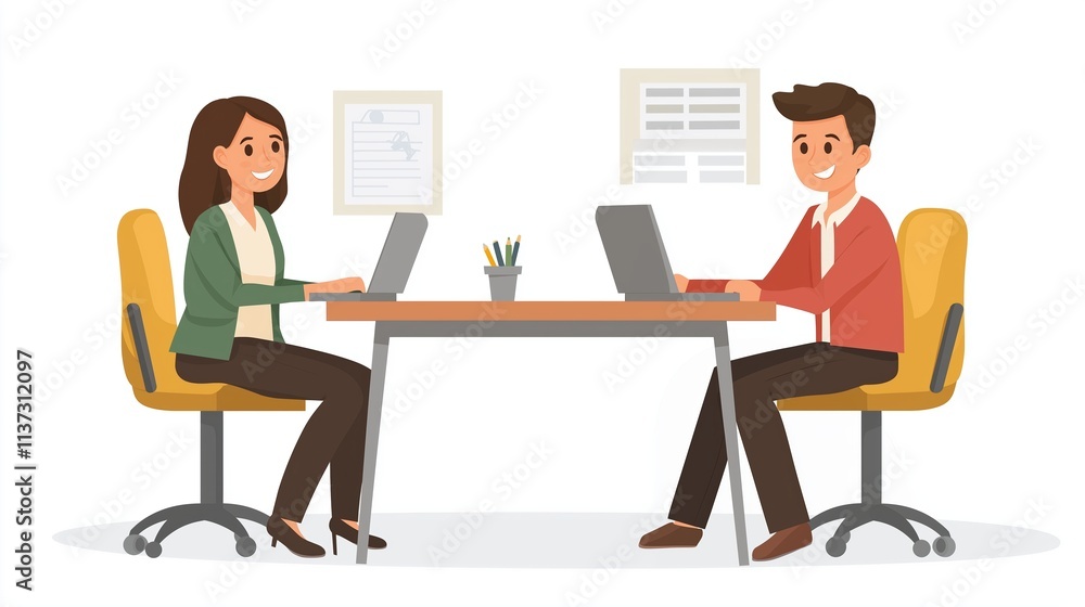 Illustration of two professionals, a man and a woman, sitting at an office desk with laptops, discussing work tasks in a business environment Illustration of two professionals, a man and a woman, sitting at an office desk with laptops, discussing work tasks in a business environment