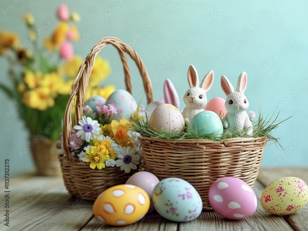 Easter attributes, pastel eggs, wicker basket with decorative grass, bunny figurines and spring flowers Easter attributes, pastel eggs, wicker basket with decorative grass, bunny figurines and spring flowers