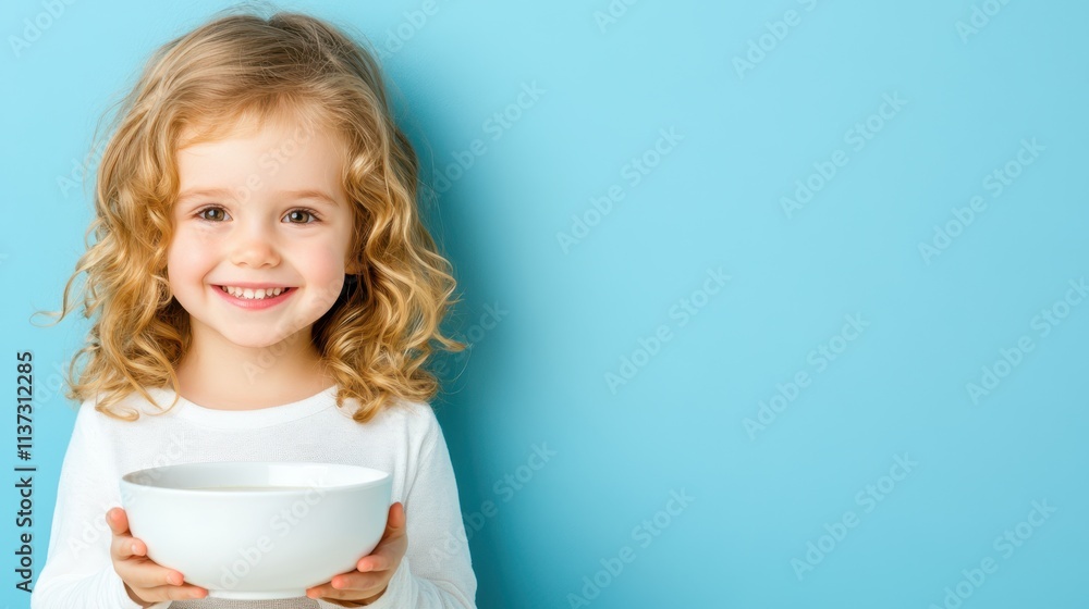 A cheerful blonde-haired child holding a white bowl, smiling brightly against a light blue background. Innocence and joy. A cheerful blonde-haired child holding a white bowl, smiling brightly against a light blue background. Innocence and joy.