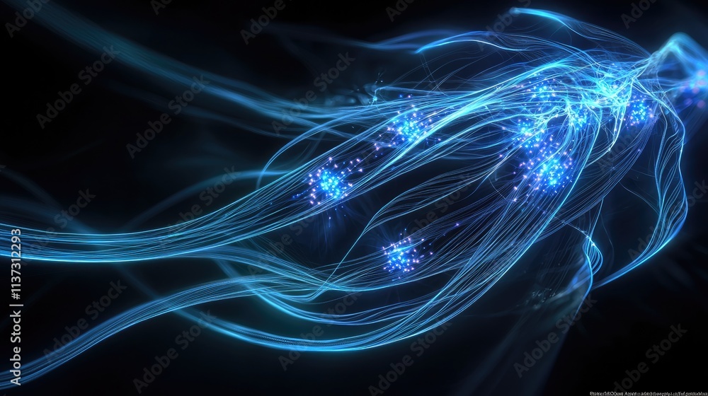 Obraz premium This abstract image features glowing blue lines and nodes against a dark background, symbolizing technology, connectivity, and digital communication in a modern context.