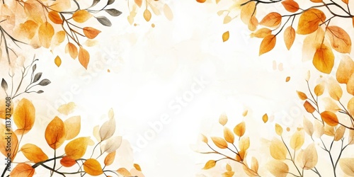 Watercolor Painting of Golden Autumn Leaves on White Background