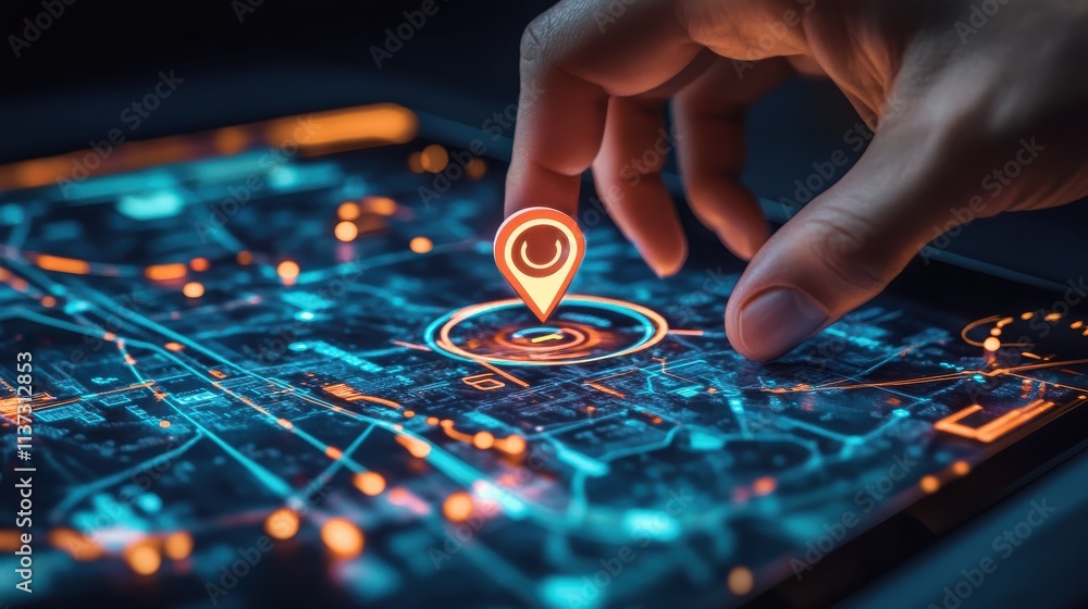 Naklejka premium Technology smart navigation and location tracking with professional hand interacting with futuristic GPS map interface locations of services, delivery, travel app, logistics and transportation