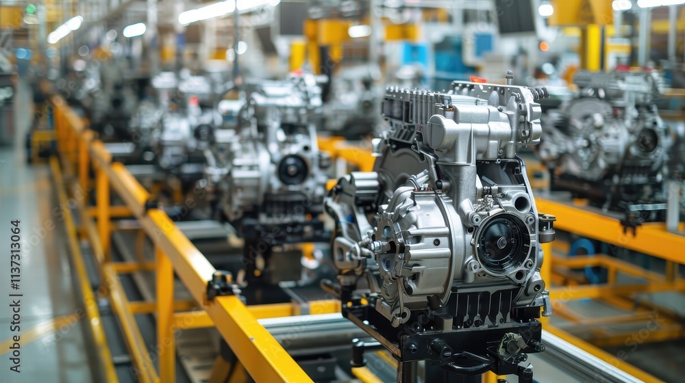 Assembly line of car engine components in factory Assembly line of car engine components in factory
