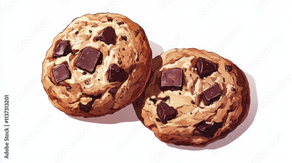 70.A bright and cheerful illustration of chocolate chip cookies with rounded edges, large chocolate chunks, and a crumbly texture. The cookies are golden brown and isolated on a white background, 70.A bright and cheerful illustration of chocolate chip cookies with rounded edges, large chocolate chunks, and a crumbly texture. The cookies are golden brown and isolated on a white background,