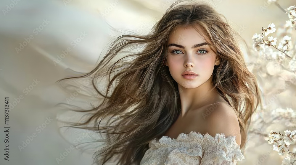 A stunning young woman showcases her long, flowing hair and captivating features while posing elegantly in an off-shoulder top against a gentle backdrop. A stunning young woman showcases her long, flowing hair and captivating features while posing elegantly in an off-shoulder top against a gentle backdrop.