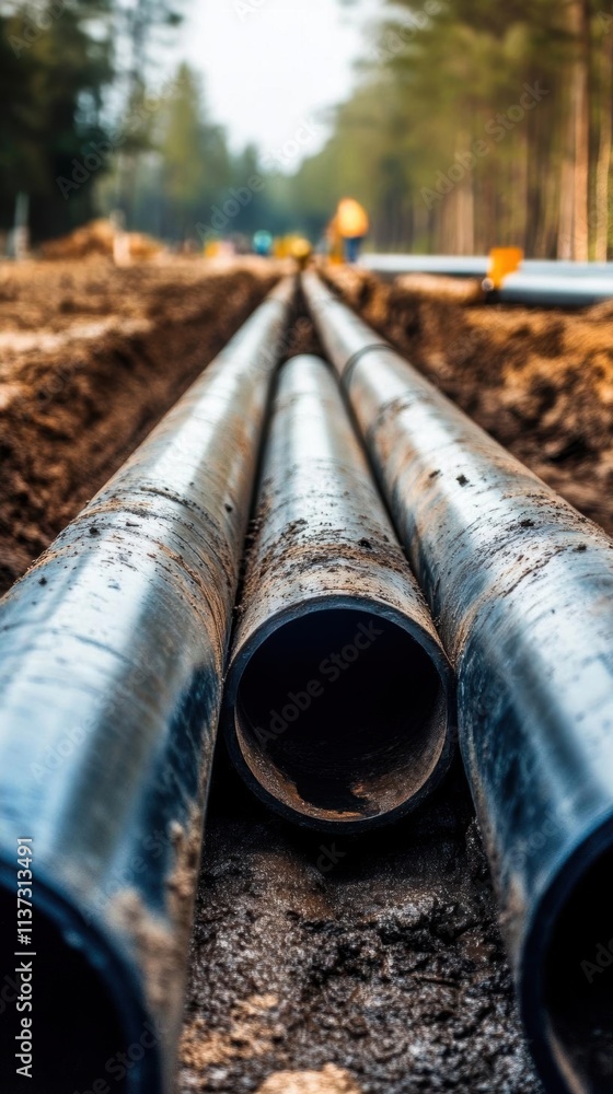 Pipes laid in a trench for construction or infrastructure development. Pipes laid in a trench for construction or infrastructure development.