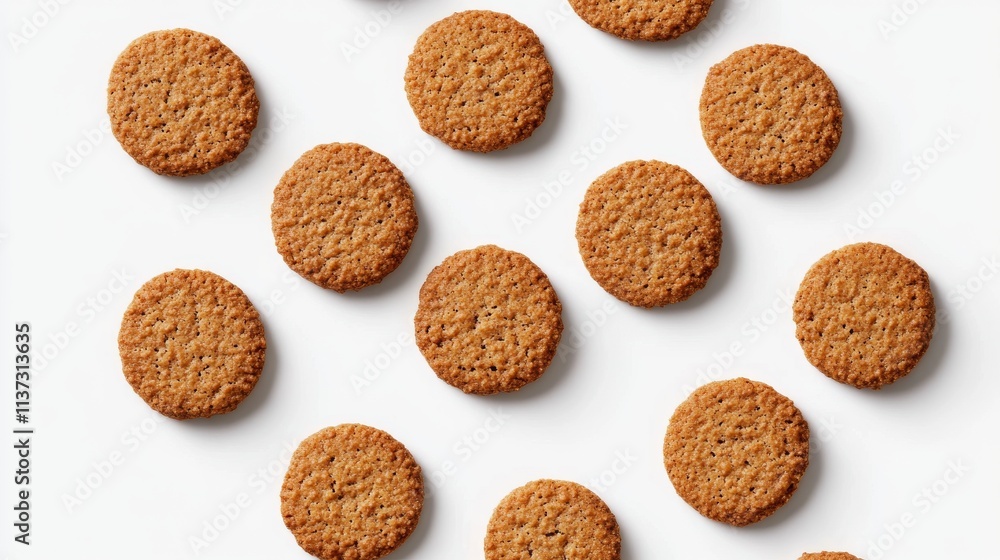 53.A cluster of crunchy digestive cookies spread across a white background, each one showing subtle edge details and a slightly speckled texture. The cookies have a golden-brown color that contrasts 53.A cluster of crunchy digestive cookies spread across a white background, each one showing subtle edge details and a slightly speckled texture. The cookies have a golden-brown color that contrasts
