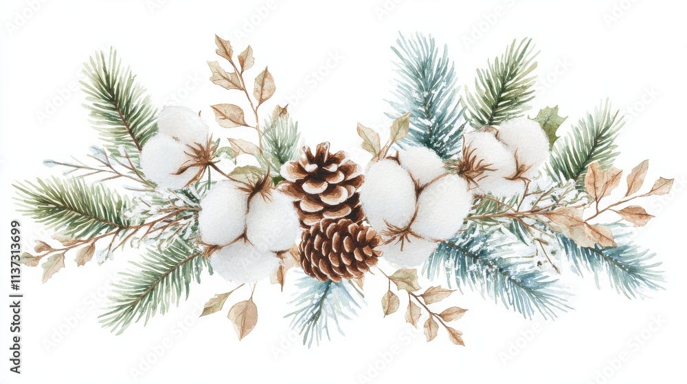 Watercolor christmas frame with fir branches, pine cone, cotton, leaves isolated on white background. Botanical winter greenery holiday illustration for wedding invitation card design Watercolor christmas frame with fir branches, pine cone, cotton, leaves isolated on white background. Botanical winter greenery holiday illustration for wedding invitation card design