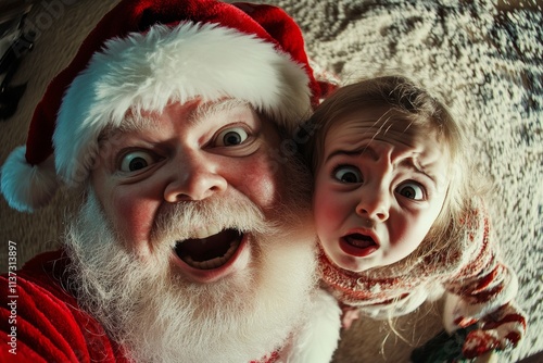 Yuletide marketing graphic design visual for advertisement and internet use. Joyful christmas, Ñute child girl tearing with santa claus. Merry xmas banners. Family joy santa photo. photo