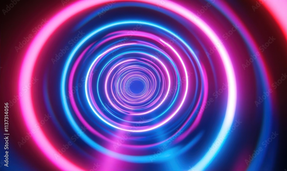 A vibrant, swirling tunnel of neon lights in pink and blue hues. A vibrant, swirling tunnel of neon lights in pink and blue hues.