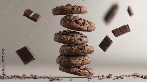 21.Chocolate cookies arranged in a dynamic, floating display as if weightlessly suspended in the air. The cookies appear freshly baked, with pieces of chocolate and crumbs drifting beside them, photo