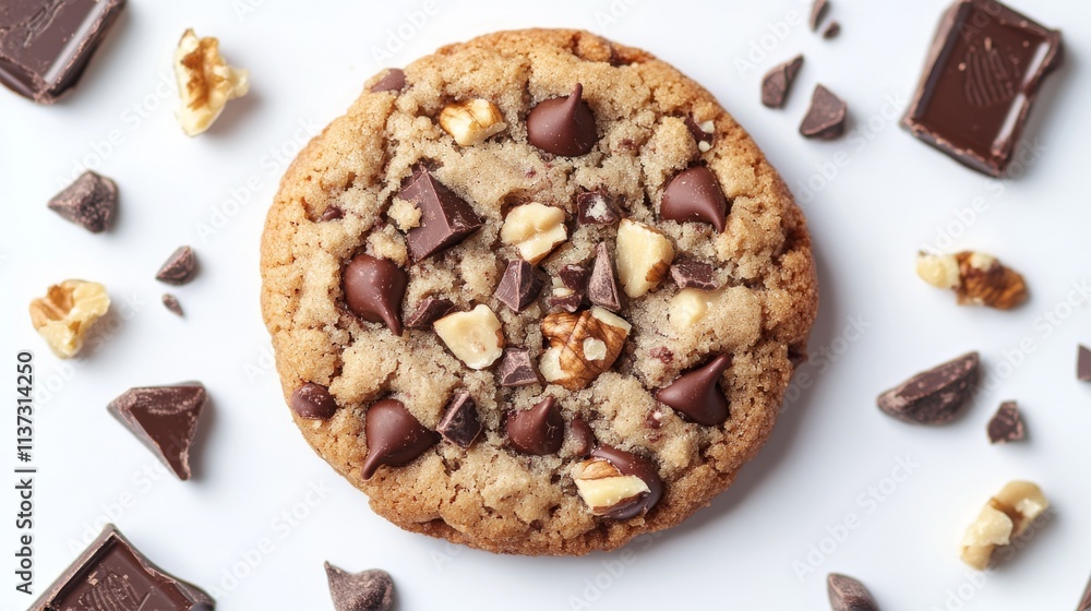 46.A crunchy chocolate chip cookie with a scattering of chocolate chunks and chopped nuts, centered on a white background. The cookie has a warm, golden-brown color and visible textures, with 46.A crunchy chocolate chip cookie with a scattering of chocolate chunks and chopped nuts, centered on a white background. The cookie has a warm, golden-brown color and visible textures, with