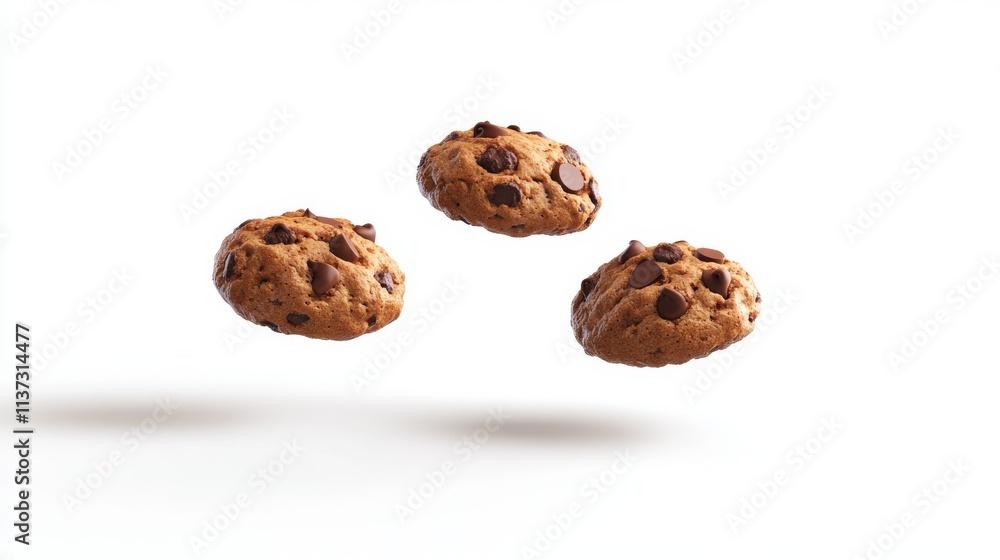 93.A detailed, high-definition composition of chocolate chip cookies floating in mid-air on a white background, showcasing each cookie’s golden-brown color and generous chocolate chunks. Subtle 93.A detailed, high-definition composition of chocolate chip cookies floating in mid-air on a white background, showcasing each cookie’s golden-brown color and generous chocolate chunks. Subtle