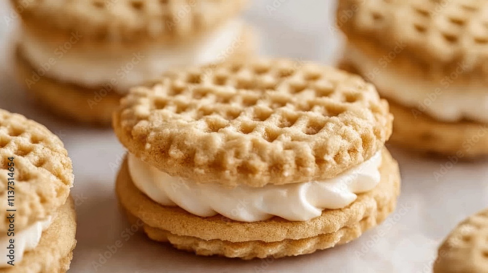 34.Close-up of a few sandwich cookies with creamy vanilla filling, with detailed biscuit patterns and a smooth cream layer visible between them. The cookies are isolated on a bright white background, 34.Close-up of a few sandwich cookies with creamy vanilla filling, with detailed biscuit patterns and a smooth cream layer visible between them. The cookies are isolated on a bright white background,