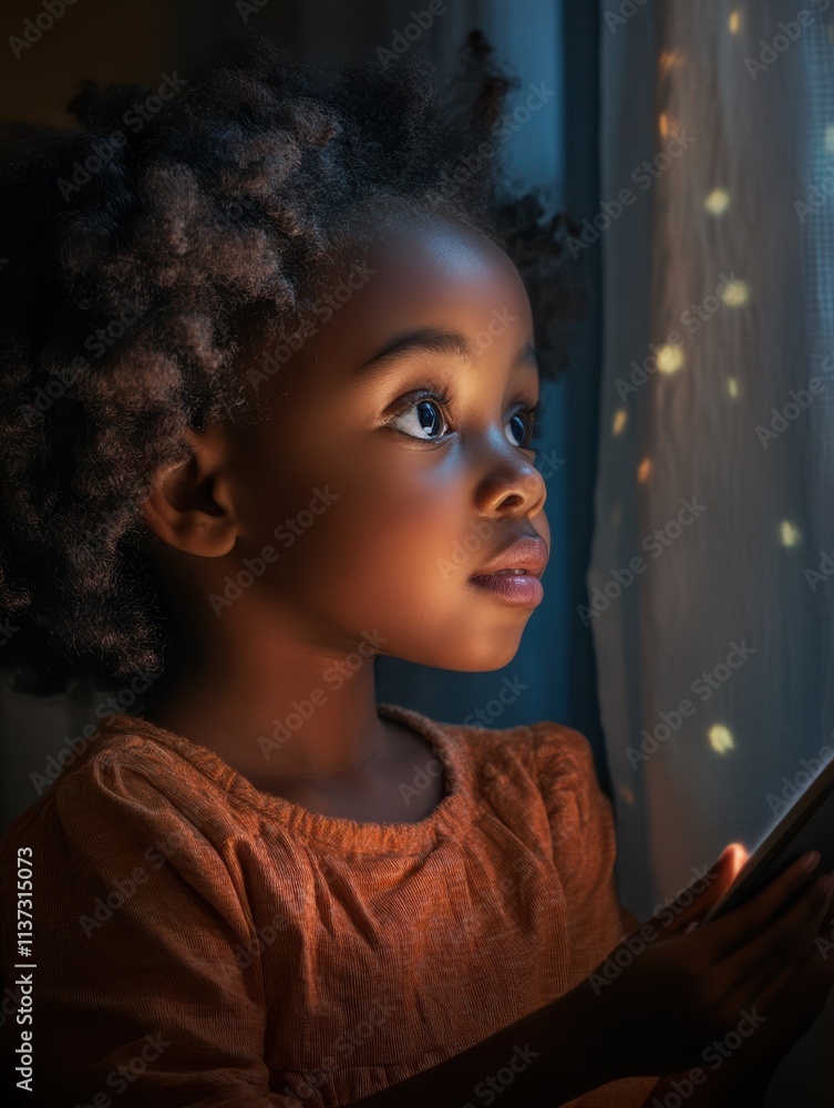 African kid child girl holding digital tablet talking with remote teacher tutor on zoom distance video conference call elearning online virtual class. Children learning at home, over shoulder view. African kid child girl holding digital tablet talking with remote teacher tutor on zoom distance video conference call elearning online virtual class. Children learning at home, over shoulder view.