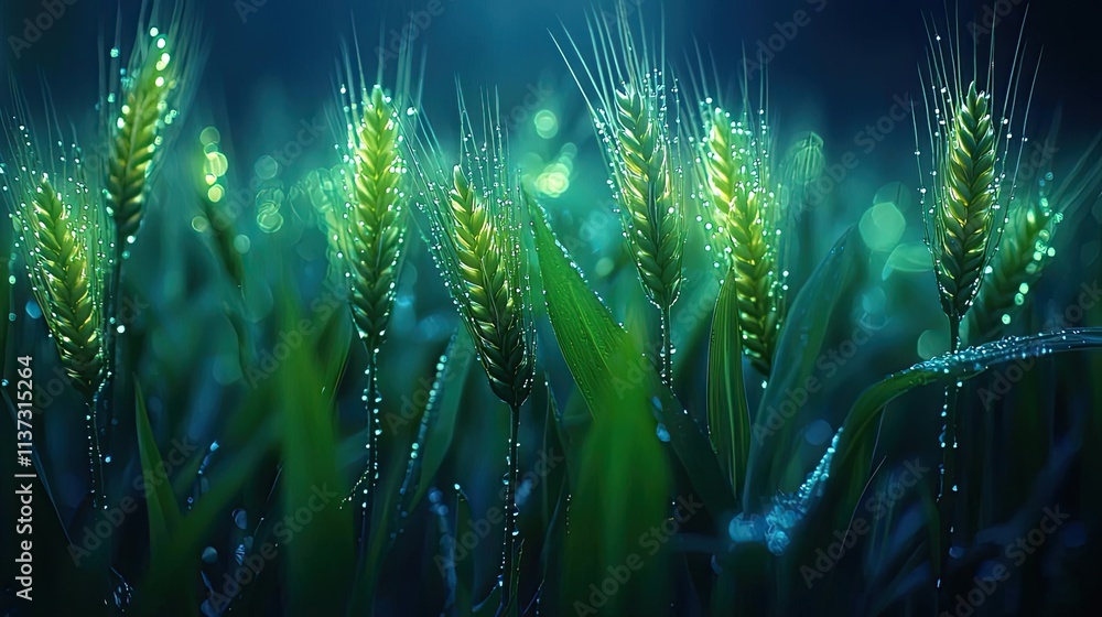 Wheat sustainability idea. A close-up view of vibrant wheat stalks glistening with dew in a serene setting. Wheat sustainability idea. A close-up view of vibrant wheat stalks glistening with dew in a serene setting.