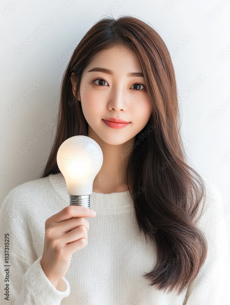 Asian female model holding LED light bulb. Selective focus on the light bulb. Saving energy concept. Isolated on white background.