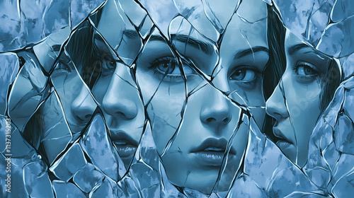 Self-doubt depicted as a shattered mirror reflecting multiple faces (selective focus, fragmented self-perception, whimsical, multilayer, bathroom backdrop). Shattered. Illustration photo