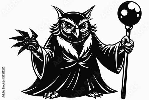 evil sorcerer owl using a black bingo ball and wielding evil staff B.eps