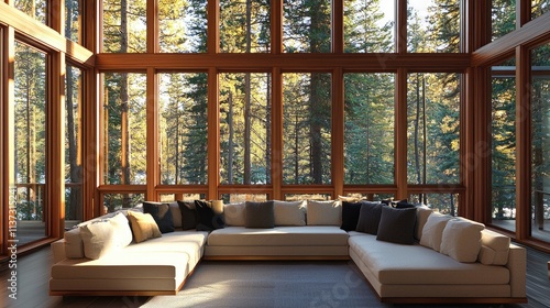 Experience the serene beauty of a modern cabin interior featuring expansive windows, a plush sofa, and breathtaking forest views. Ideal for design inspiration and relaxat