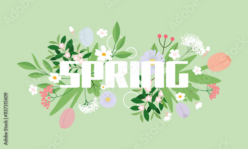 Hello spring banner. Trendy texture. Season vocation, weekend, holiday logo. Spring Time Wallpaper. Happy spring Day. Spring vector Lettering text. Fashionable styling. Flower vector.