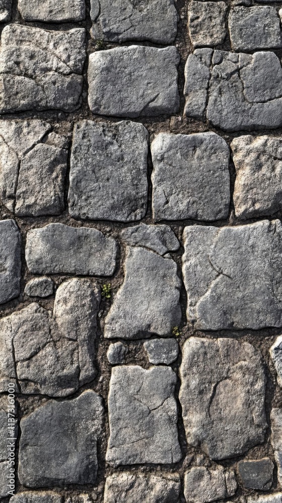 Cobblestone Pathway Shows Wear with Tiny Plants, Urban Nature Theme. Cobblestone Pathway Shows Wear with Tiny Plants, Urban Nature Theme.