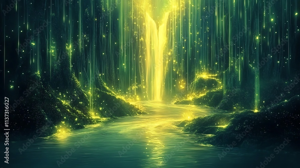 Magical waterfall flows through glowing green forest. Magical waterfall flows through glowing green forest.