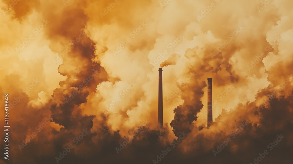 Obraz premium Industrial smoke emissions causing air pollution with smokestacks and heavy smog
