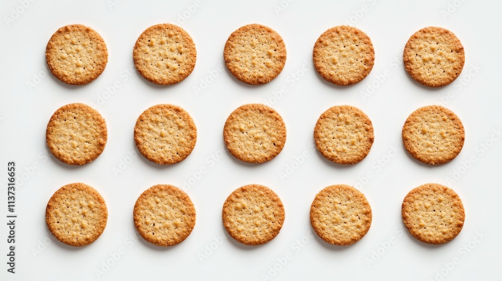 55.A set of digestive cookies lined up on a white background, emphasizing their golden color, thin, crunchy profile, and tiny crumb details. The isolated white surface brings attention to each 55.A set of digestive cookies lined up on a white background, emphasizing their golden color, thin, crunchy profile, and tiny crumb details. The isolated white surface brings attention to each