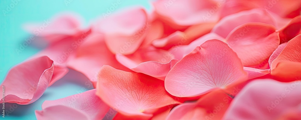 Obraz premium Valentine rose idea. Close-up of delicate pink rose petals on a soft turquoise background.