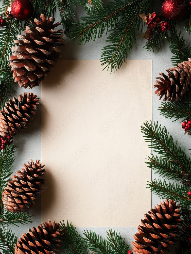 Christmas postcard mockup with free copy space for congratulatory text and new year decor from red and brown Christmas tree cones. Christmas postcard mockup with free copy space for congratulatory text and new year decor from red and brown Christmas tree cones.