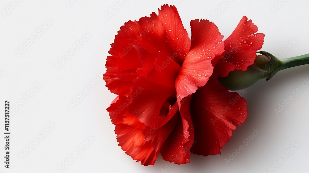 Single red carnation with water droplets on white background. Single red carnation with water droplets on white background.