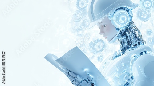 White robot engineer wearing a helmet, studying blueprints with a mechanical backdrop, symbolizing advanced technology and innovation in engineering.