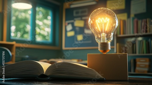 A representation of creativity and innovation with a glowing light bulb rising from a box above an open book against a classroom backdrop, symbolizing fresh ideas and kno photo