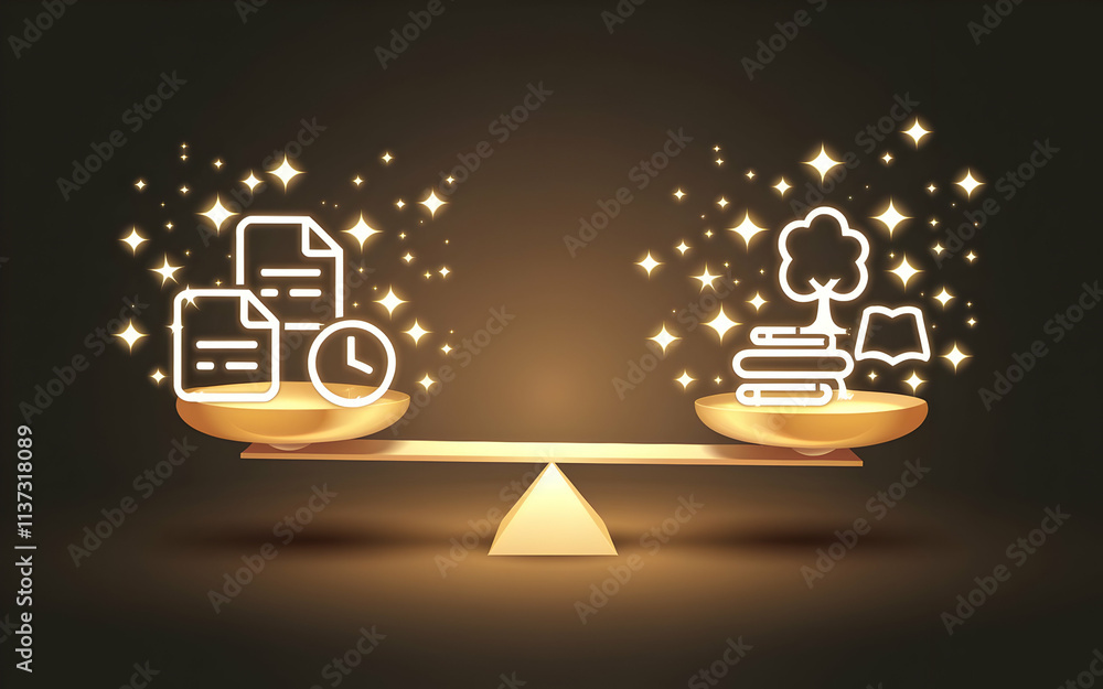 Fototapeta premium Balancing Act: Knowledge and Time. A golden scale balances documents and a clock against books and a tree, symbolizing the delicate equilibrium between work and nature, knowledge and time management.
