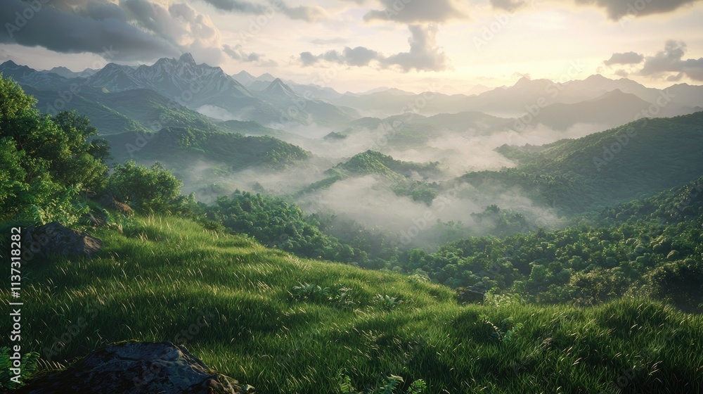 Fototapeta premium A serene landscape showcasing lush green hills rolling gently under a partly cloudy sky, with majestic misty mountains in the distance, perfect for nature lovers.