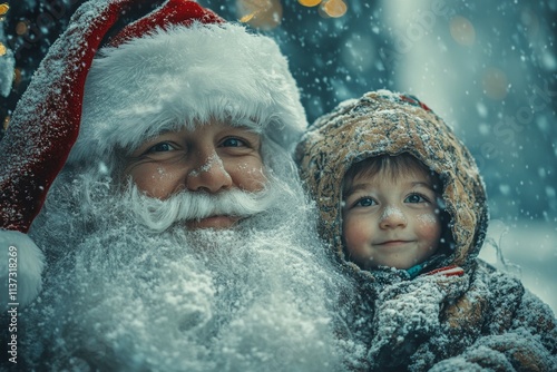 Merry christmas, Ñute child boy gladness with santa claus. Christmas advertising concept image for print and online use. Christmas discounts ads. Winter cheer promotions. Kids santa claus ad. photo