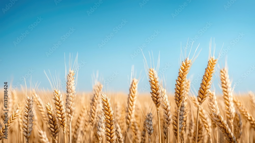 Wheat sustainability idea. A serene wheat field under a clear blue sky, showcasing golden stalks swaying gently. Wheat sustainability idea. A serene wheat field under a clear blue sky, showcasing golden stalks swaying gently.
