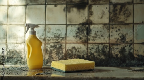 Cleaning Supplies Against a Background of Grimy, Moldy Tiles: A Visual Representation of Neglect and the Need for Cleaning photo