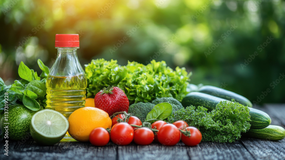 A variety of fresh fruits and vegetables are displayed on a wooden table A variety of fresh fruits and vegetables are displayed on a wooden table