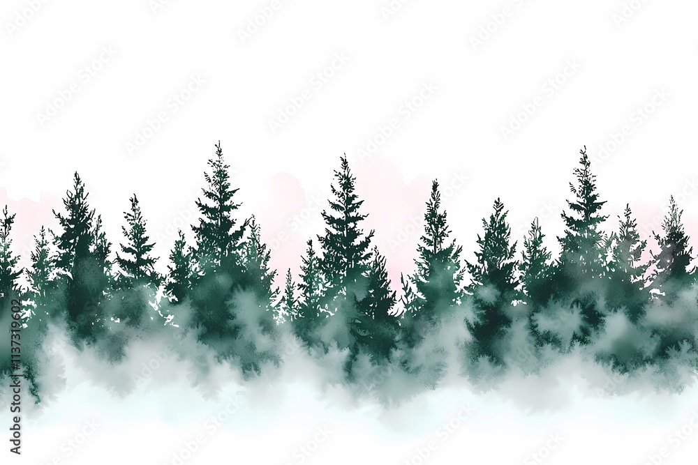 Obraz premium Serene Landscape of Evergreen Trees Surrounded by Misty Atmosphere