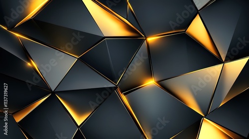 Abstract background of dark gray and gold geometric shapes with glowing edges.