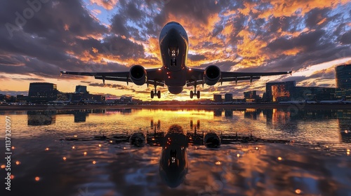 Airplane Landing Sunset Cityscape Reflection | Golden Hour/Sunset P... photo