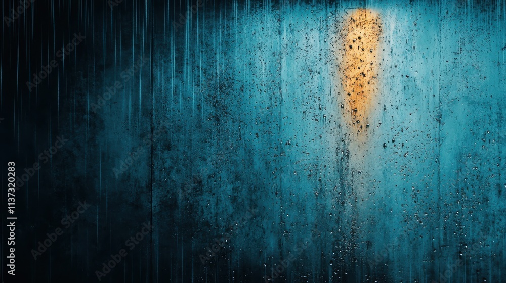Fototapeta premium Slow-motion rain design. Misty window with raindrops and a warm light glowing behind.