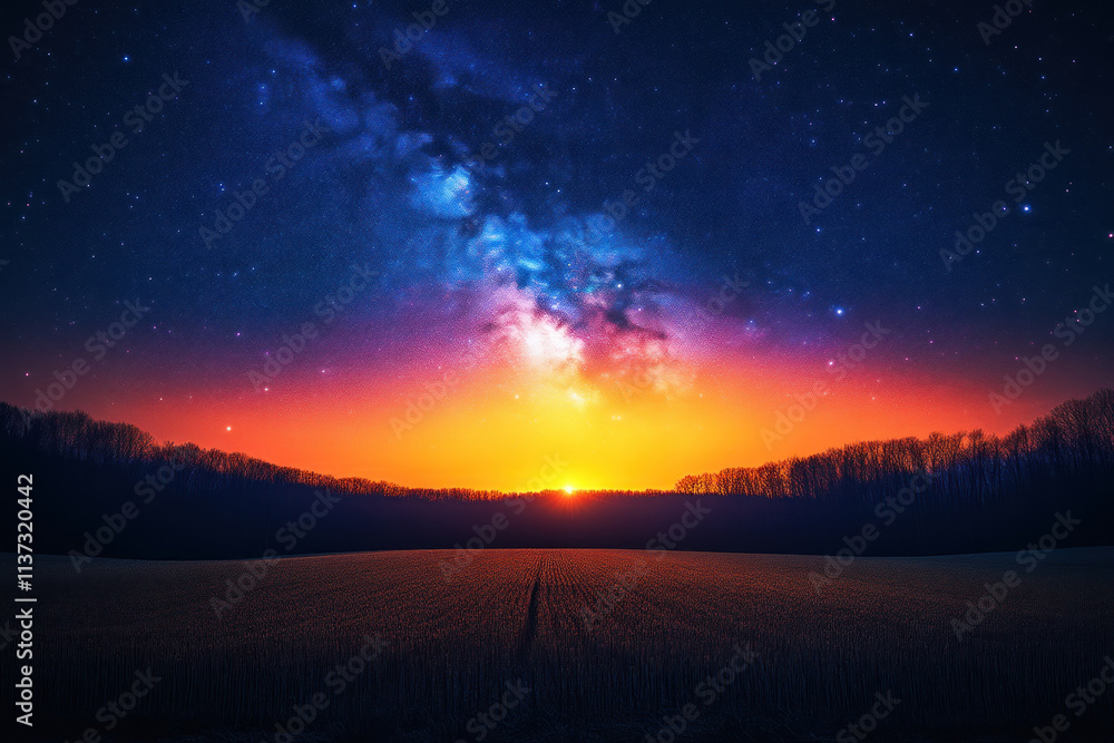 Vibrant sunset over a field with the Milky Way. Vibrant sunset over a field with the Milky Way.