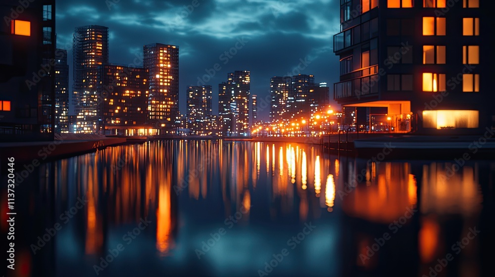 Obraz premium Capture the breathtaking beauty of a modern city skyline at night, showcasing vibrant lights reflecting on calm water under a dark sky. Perfect for urban-themed projects.